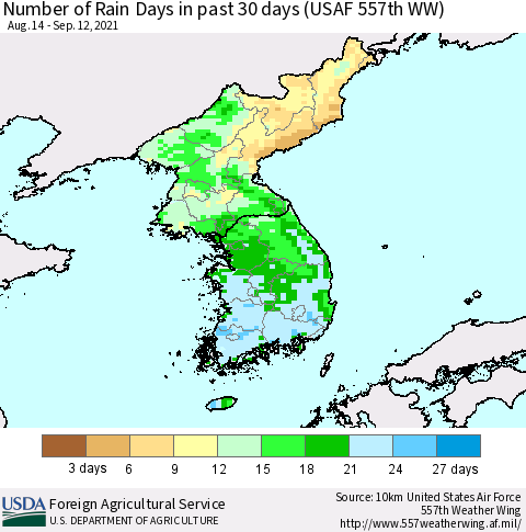 Korea Number of Rain Days in past 30 days (USAF 557th WW) 09/12/2021 Thematic Map For 9/6/2021 - 9/12/2021