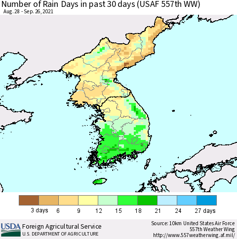 Korea Number of Rain Days in past 30 days (USAF 557th WW) 09/26/2021 Thematic Map For 9/20/2021 - 9/26/2021
