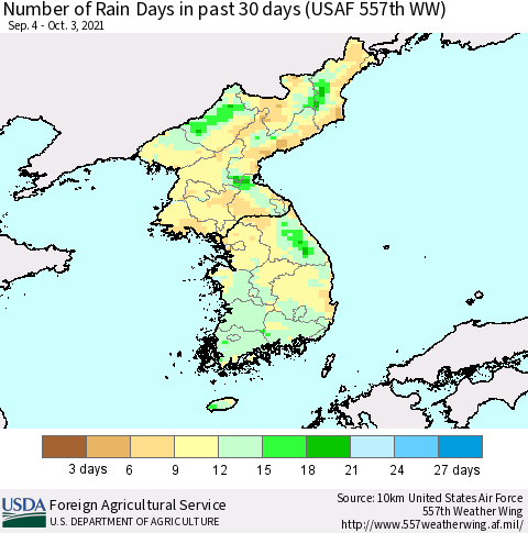 Korea Number of Rain Days in past 30 days (USAF 557th WW) 10/03/2021 Thematic Map For 9/27/2021 - 10/3/2021