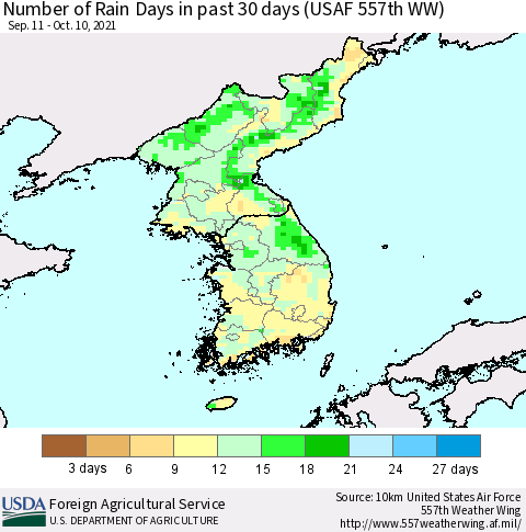 Korea Number of Rain Days in past 30 days (USAF 557th WW) 10/10/2021 Thematic Map For 10/4/2021 - 10/10/2021