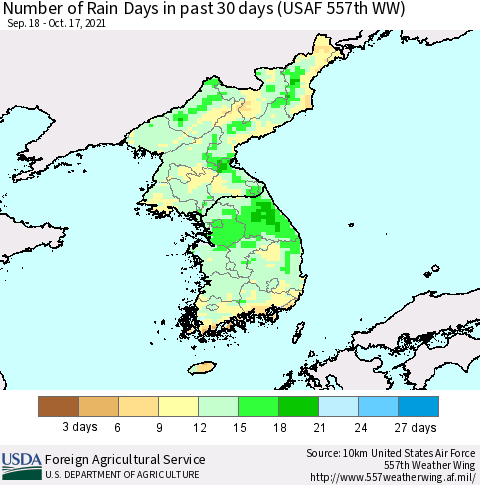 Korea Number of Rain Days in past 30 days (USAF 557th WW) 10/17/2021 Thematic Map For 10/11/2021 - 10/17/2021