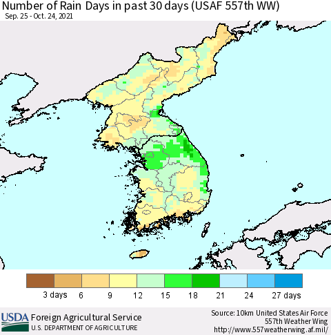 Korea Number of Rain Days in past 30 days (USAF 557th WW) 10/24/2021 Thematic Map For 10/18/2021 - 10/24/2021