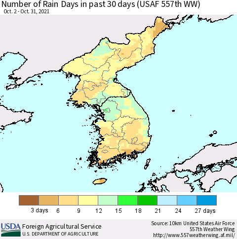 Korea Number of Rain Days in past 30 days (USAF 557th WW) 10/31/2021 Thematic Map For 10/25/2021 - 10/31/2021