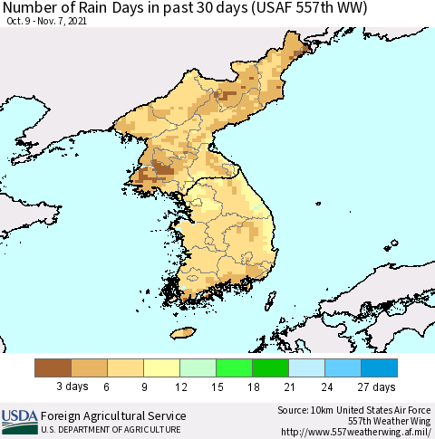 Korea Number of Rain Days in past 30 days (USAF 557th WW) 11/07/2021 Thematic Map For 11/1/2021 - 11/7/2021