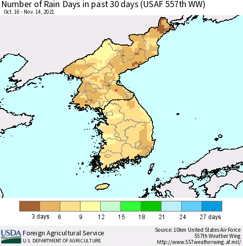 Korea Number of Rain Days in past 30 days (USAF 557th WW) 11/14/2021 Thematic Map For 11/8/2021 - 11/14/2021