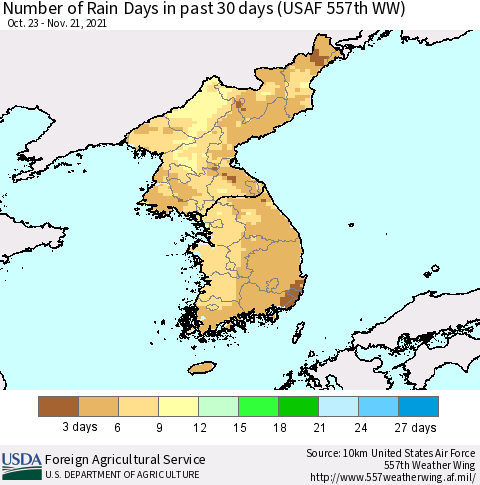 Korea Number of Rain Days in past 30 days (USAF 557th WW) 11/21/2021 Thematic Map For 11/15/2021 - 11/21/2021