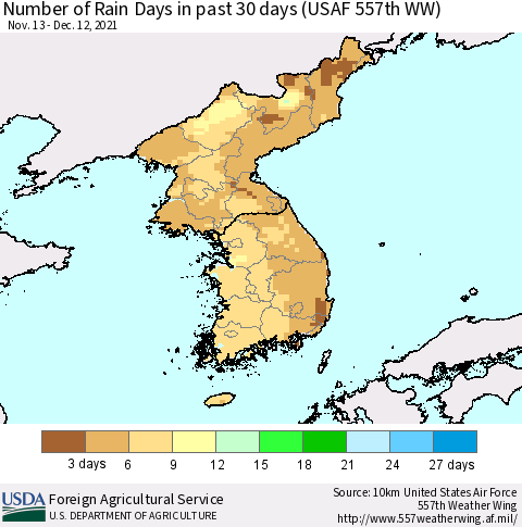 Korea Number of Rain Days in past 30 days (USAF 557th WW) 12/12/2021 Thematic Map For 12/6/2021 - 12/12/2021