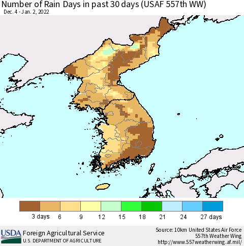 Korea Number of Rain Days in past 30 days (USAF 557th WW) 01/02/2022 Thematic Map For 12/27/2021 - 1/2/2022