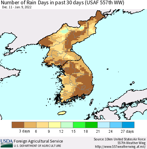 Korea Number of Rain Days in past 30 days (USAF 557th WW) 01/09/2022 Thematic Map For 1/3/2022 - 1/9/2022