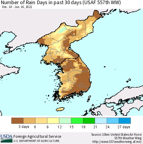 Korea Number of Rain Days in past 30 days (USAF 557th WW) 01/16/2022 Thematic Map For 1/10/2022 - 1/16/2022