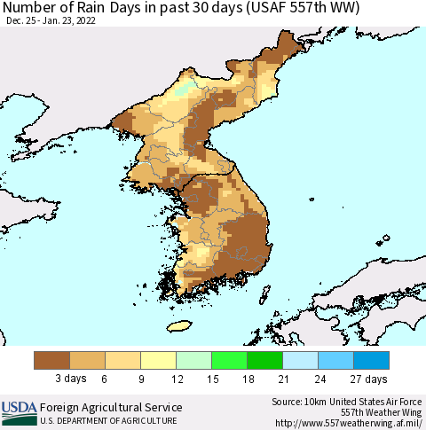 Korea Number of Rain Days in past 30 days (USAF 557th WW) 01/23/2022 Thematic Map For 1/17/2022 - 1/23/2022