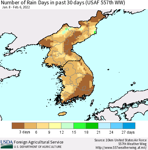 Korea Number of Rain Days in past 30 days (USAF 557th WW) 02/06/2022 Thematic Map For 1/31/2022 - 2/6/2022