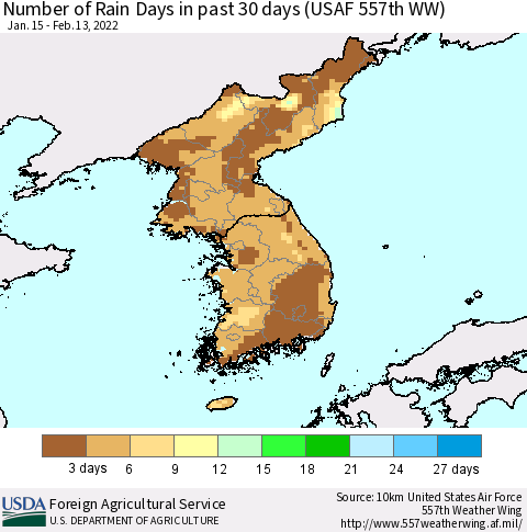 Korea Number of Rain Days in past 30 days (USAF 557th WW) 02/13/2022 Thematic Map For 2/7/2022 - 2/13/2022
