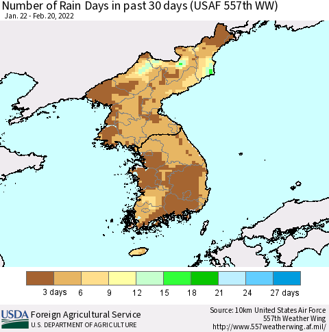 Korea Number of Rain Days in past 30 days (USAF 557th WW) 02/20/2022 Thematic Map For 2/14/2022 - 2/20/2022