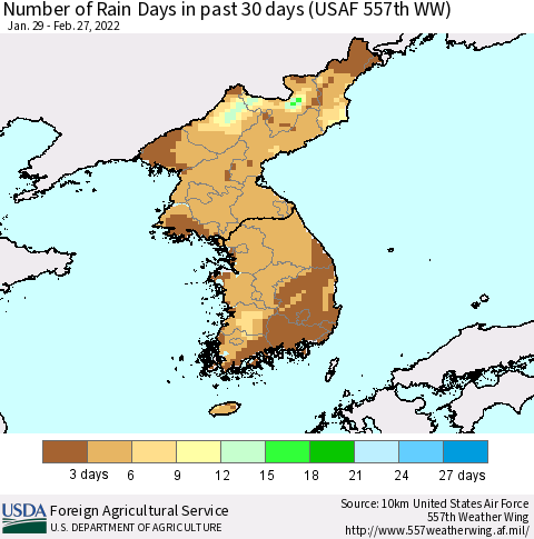 Korea Number of Rain Days in past 30 days (USAF 557th WW) 02/27/2022 Thematic Map For 2/21/2022 - 2/27/2022