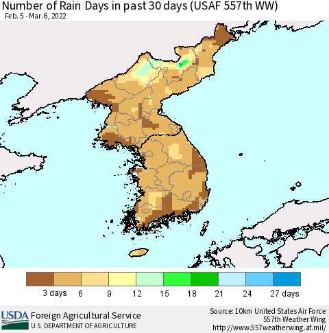Korea Number of Rain Days in past 30 days (USAF 557th WW) 03/06/2022 Thematic Map For 2/28/2022 - 3/6/2022