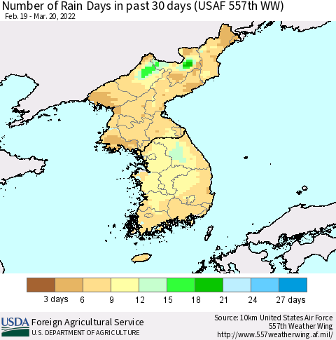 Korea Number of Rain Days in past 30 days (USAF 557th WW) 03/20/2022 Thematic Map For 3/14/2022 - 3/20/2022