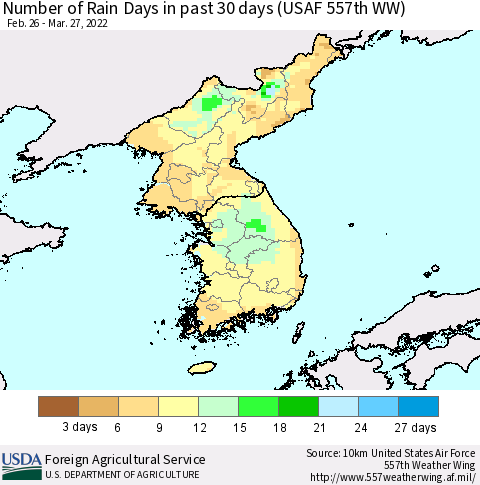 Korea Number of Rain Days in past 30 days (USAF 557th WW) 03/27/2022 Thematic Map For 3/21/2022 - 3/27/2022