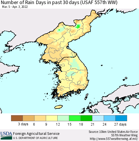 Korea Number of Rain Days in past 30 days (USAF 557th WW) 04/03/2022 Thematic Map For 3/28/2022 - 4/3/2022