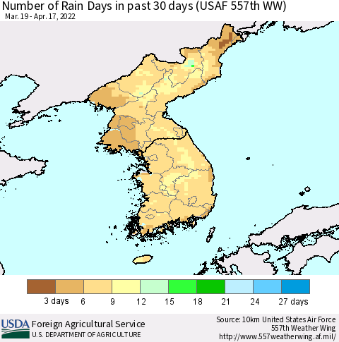 Korea Number of Rain Days in past 30 days (USAF 557th WW) 04/17/2022 Thematic Map For 4/11/2022 - 4/17/2022