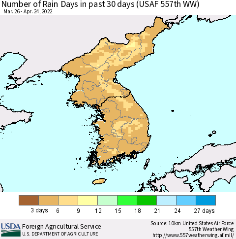 Korea Number of Rain Days in past 30 days (USAF 557th WW) 04/24/2022 Thematic Map For 4/18/2022 - 4/24/2022