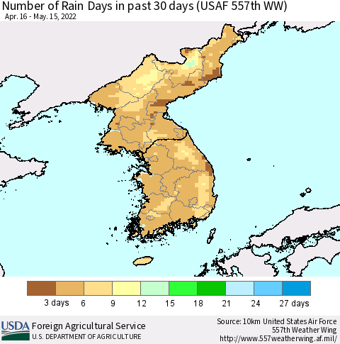 Korea Number of Rain Days in past 30 days (USAF 557th WW) 05/15/2022 Thematic Map For 5/9/2022 - 5/15/2022