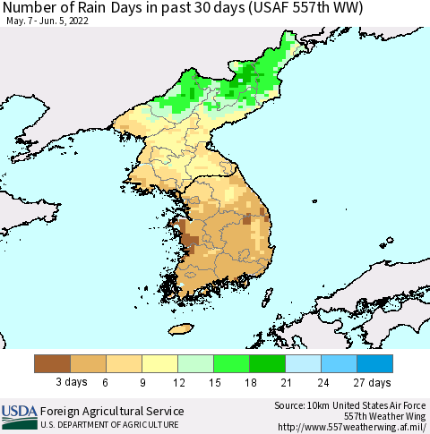 Korea Number of Rain Days in past 30 days (USAF 557th WW) 06/05/2022 Thematic Map For 5/30/2022 - 6/5/2022