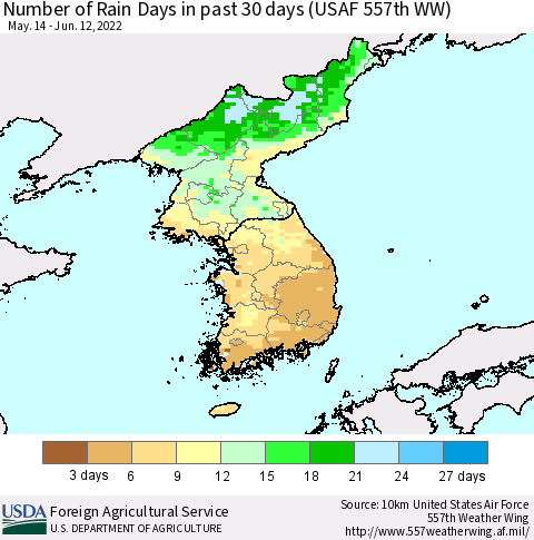 Korea Number of Rain Days in past 30 days (USAF 557th WW) 06/12/2022 Thematic Map For 6/6/2022 - 6/12/2022
