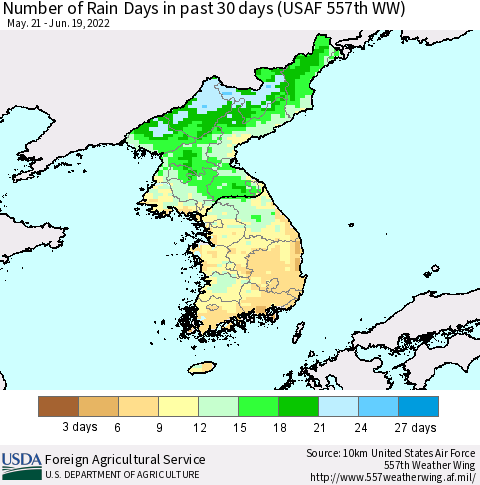 Korea Number of Rain Days in past 30 days (USAF 557th WW) 06/19/2022 Thematic Map For 6/13/2022 - 6/19/2022
