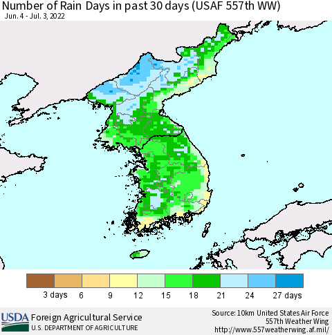 Korea Number of Rain Days in past 30 days (USAF 557th WW) 07/03/2022 Thematic Map For 6/27/2022 - 7/3/2022