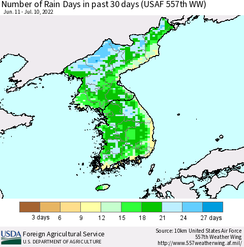 Korea Number of Rain Days in past 30 days (USAF 557th WW) 07/10/2022 Thematic Map For 7/4/2022 - 7/10/2022