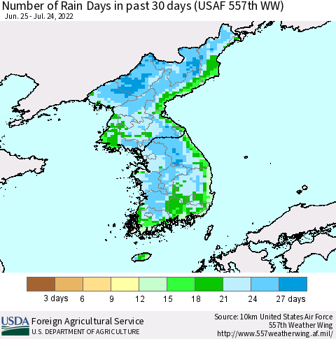 Korea Number of Rain Days in past 30 days (USAF 557th WW) 07/24/2022 Thematic Map For 7/18/2022 - 7/24/2022