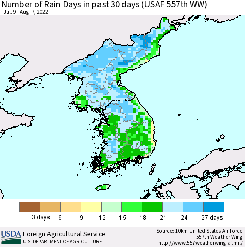 Korea Number of Rain Days in past 30 days (USAF 557th WW) 08/07/2022 Thematic Map For 8/1/2022 - 8/7/2022