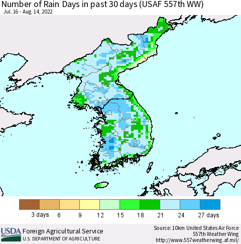 Korea Number of Rain Days in past 30 days (USAF 557th WW) 08/14/2022 Thematic Map For 8/8/2022 - 8/14/2022