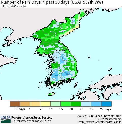 Korea Number of Rain Days in past 30 days (USAF 557th WW) 08/21/2022 Thematic Map For 8/15/2022 - 8/21/2022