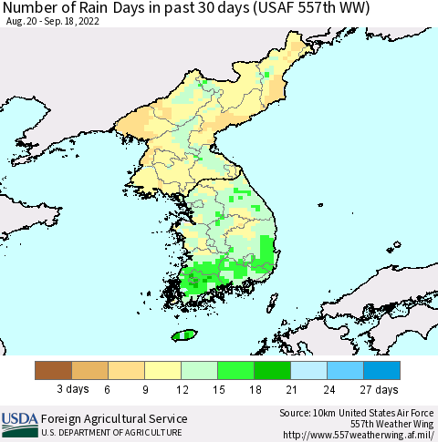 Korea Number of Rain Days in past 30 days (USAF 557th WW) 09/18/2022 Thematic Map For 9/12/2022 - 9/18/2022