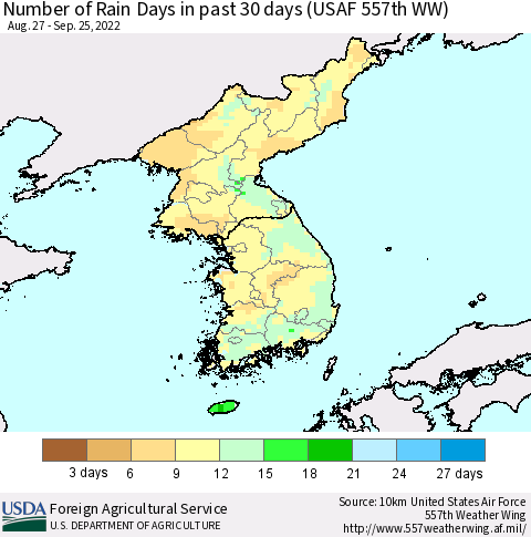 Korea Number of Rain Days in past 30 days (USAF 557th WW) 09/25/2022 Thematic Map For 9/19/2022 - 9/25/2022