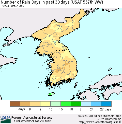Korea Number of Rain Days in past 30 days (USAF 557th WW) 10/02/2022 Thematic Map For 9/26/2022 - 10/2/2022