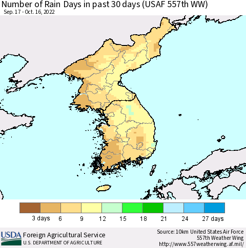 Korea Number of Rain Days in past 30 days (USAF 557th WW) 10/16/2022 Thematic Map For 10/10/2022 - 10/16/2022