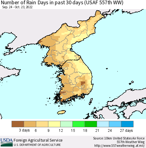 Korea Number of Rain Days in past 30 days (USAF 557th WW) 10/23/2022 Thematic Map For 10/17/2022 - 10/23/2022