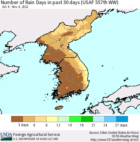 Korea Number of Rain Days in past 30 days (USAF 557th WW) 11/06/2022 Thematic Map For 10/31/2022 - 11/6/2022