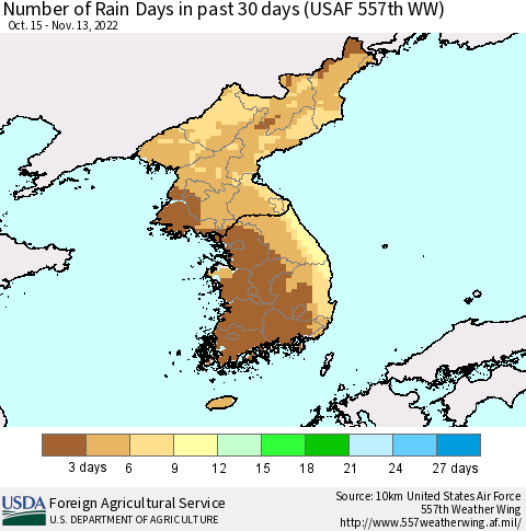 Korea Number of Rain Days in past 30 days (USAF 557th WW) 11/13/2022 Thematic Map For 11/7/2022 - 11/13/2022