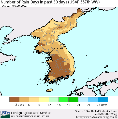 Korea Number of Rain Days in past 30 days (USAF 557th WW) 11/20/2022 Thematic Map For 11/14/2022 - 11/20/2022