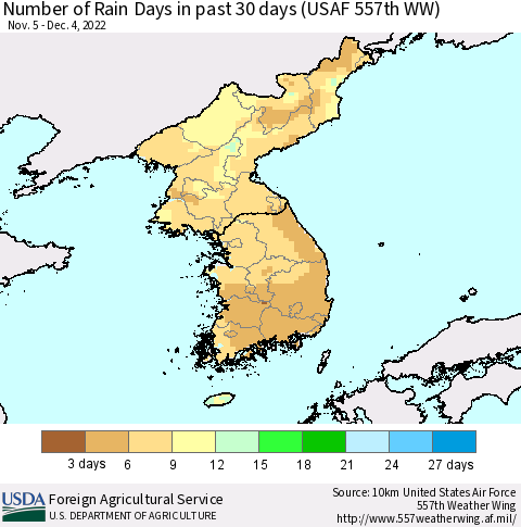 Korea Number of Rain Days in past 30 days (USAF 557th WW) 12/04/2022 Thematic Map For 11/28/2022 - 12/4/2022