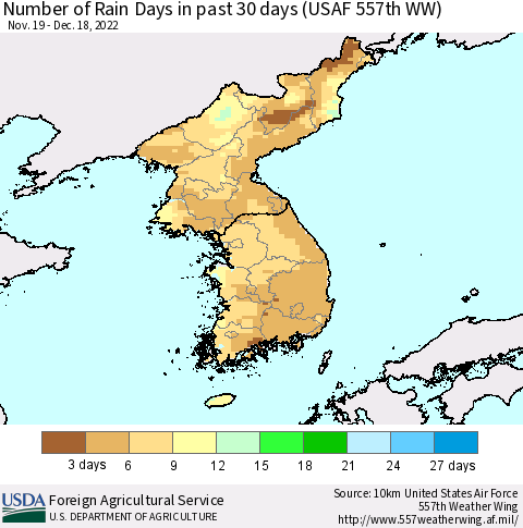 Korea Number of Rain Days in past 30 days (USAF 557th WW) 12/18/2022 Thematic Map For 12/12/2022 - 12/18/2022