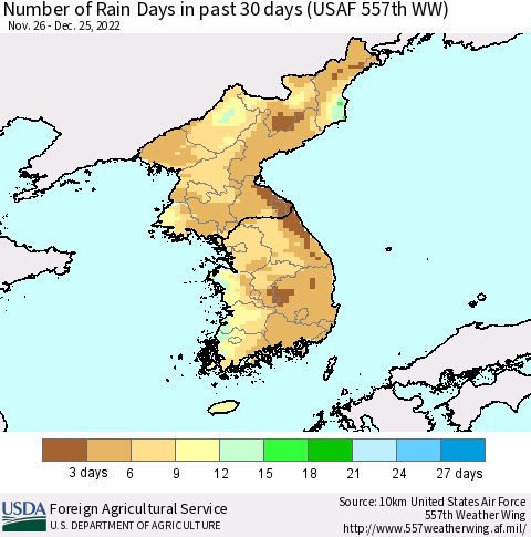 Korea Number of Rain Days in past 30 days (USAF 557th WW) 12/25/2022 Thematic Map For 12/19/2022 - 12/25/2022