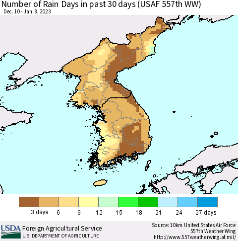 Korea Number of Rain Days in past 30 days (USAF 557th WW) 01/08/2023 Thematic Map For 1/2/2023 - 1/8/2023