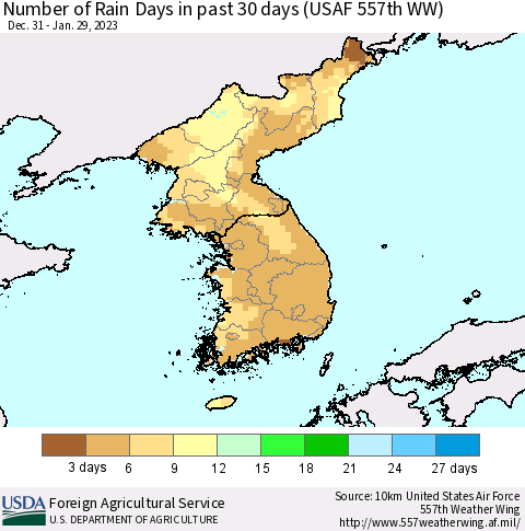 Korea Number of Rain Days in past 30 days (USAF 557th WW) 01/29/2023 Thematic Map For 1/23/2023 - 1/29/2023