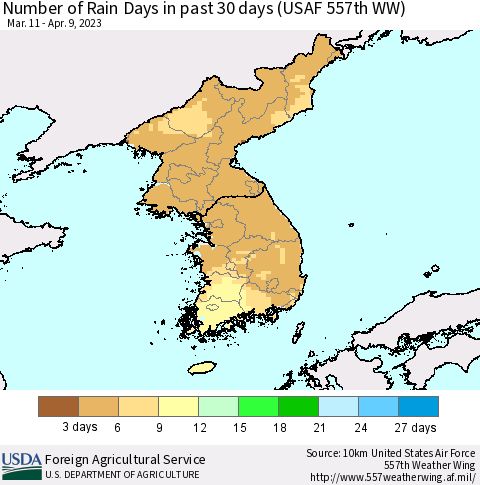 Korea Number of Rain Days in past 30 days (USAF 557th WW) 04/09/2023 Thematic Map For 4/3/2023 - 4/9/2023