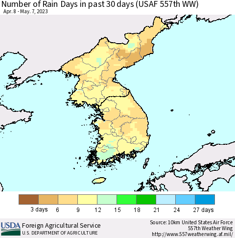 Korea Number of Rain Days in past 30 days (USAF 557th WW) 05/07/2023 Thematic Map For 5/1/2023 - 5/7/2023